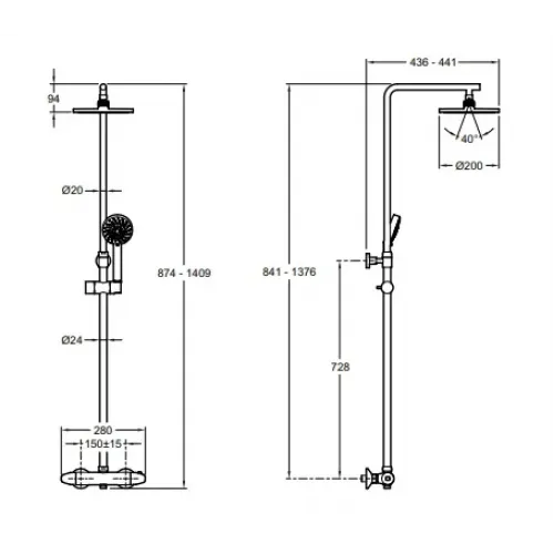 Душевая система без излива Brive 3 режима, 20 см, round, термостат, верхний душ, с лейкой E24444-CP Jacob Delafon