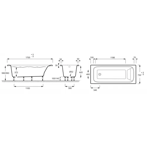 Ванна из материала Flight Elite 170х75 см, встраиваемая, с сиденьем, подголовником, выставочный образец E6D031RU-00+E6D073-P6+E6D061-MN+E70174-CP/У Jacob Delafon