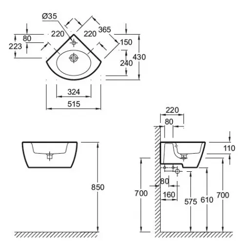 Подвесная раковина Ove 36,5х36,5х11 см, с одним отверстием для смесителя, санфарфор, угловая E1566-00 Jacob Delafon