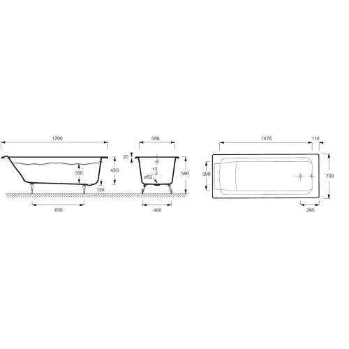 Чугунная ванна Parallel 170х70 см, без отверстий для ручек, без антискользящего E2947-S-00 Jacob Delafon