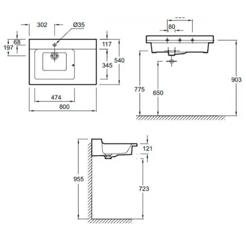 Подвесная раковина Soprano 80х54х12 см, 1 отверстие для смесителя, санфарфор EXL112-00 Jacob Delafon