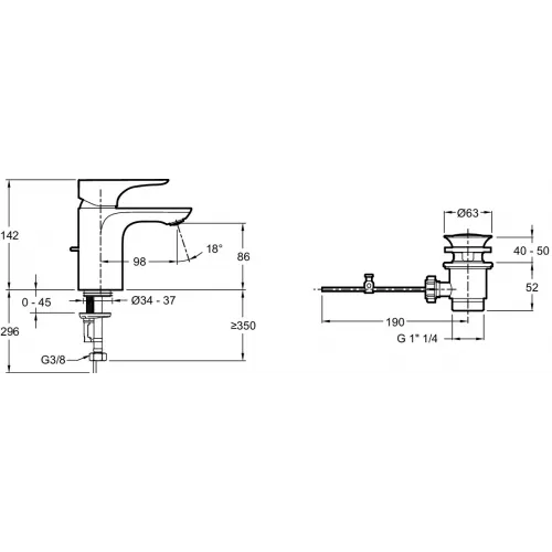 Смеситель для умывальника Villette неповоротный излив, с донным клапаном E23718-CP Jacob Delafon