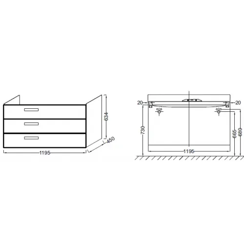 Модуль под раковину Rythmik 119,5х45х63,4 см, белый блестящий лак, 3 выдвижных ящика EB1311-G1C Jacob Delafon