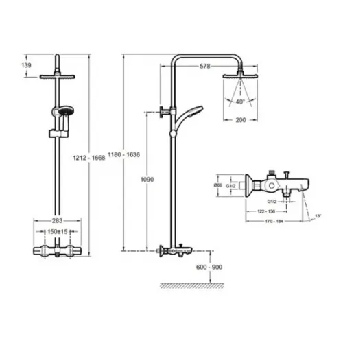 Душевая система July E78192-CP 4 режима, 20 см, square, неповор. излив, термостат, верхний душ, с лейкой E78192-CP Jacob Delafon