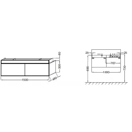 Модуль под раковину Terrace 150х48х38 см, 2 розетки, белый блестящий лак, со светодиодной подсветкой, система push-to-open EB1734RU-G1C-G1C Jacob Delafon