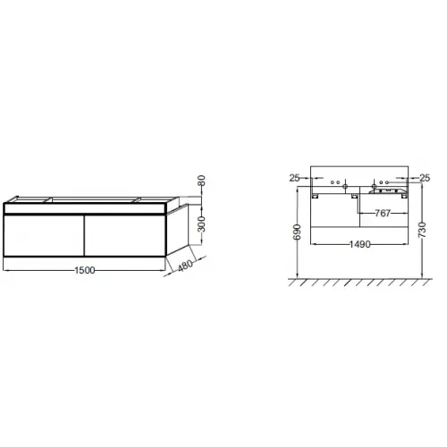 Модуль под раковину Terrace 150х48х38 см, 2 розетки, белый блестящий лак, со светодиодной подсветкой, система push-to-open EB1734RU-G1C-G1C Jacob Delafon