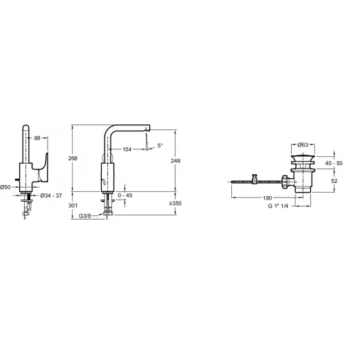Высокий смеситель на столешницу Villette 24,8 см, поворотный излив, с донным клапаном E23719-CP Jacob Delafon