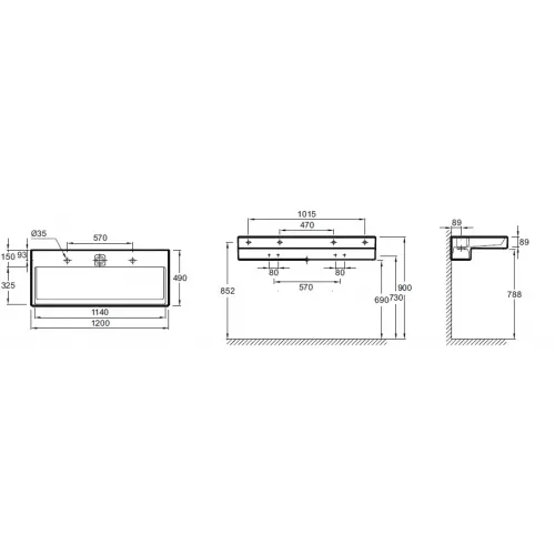 Подвесная раковина Terrace 120х49х8 см, c подсветкой, система слива freedrain, два отверстия для смесителя справа и слева, санфарфор EXB9112-00 Jacob Delafon