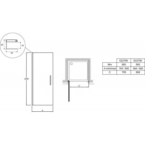 Душевая дверь в нишу Contra 90х200 см, матовый, реверсивная, 6 мм, черный профиль E22T90-BL Jacob Delafon