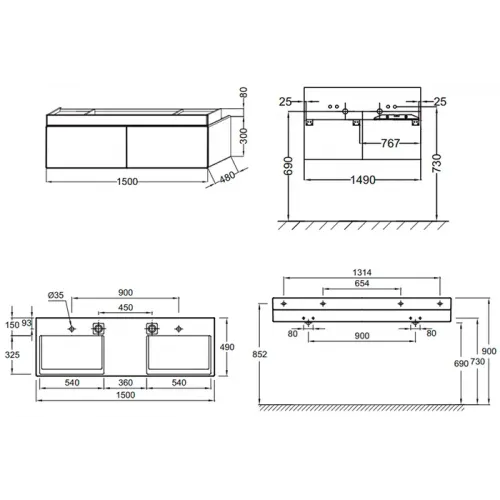 Комплект мебели для ванной Terrace 150 см, белый, с подсветкой, подвесной монтаж EB1184-NF+EB1189-G1C+EXA9112-00 Jacob Delafon