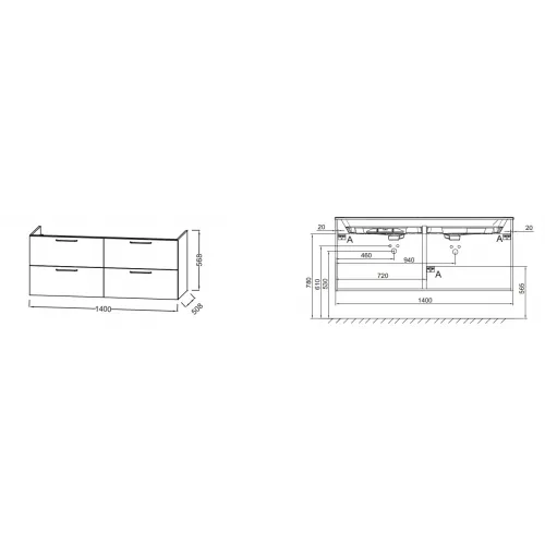 Модуль под раковину Odeon Rive Gauche 140х50,8х56,8 см, 4 ящика, серый антрацит, медные ручки EB2526-R7-N14 Jacob Delafon