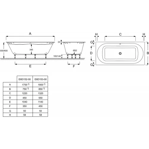 Ванна из материала Flight Odeon Rive Gauche 170х75 см E6D152-00 Jacob Delafon