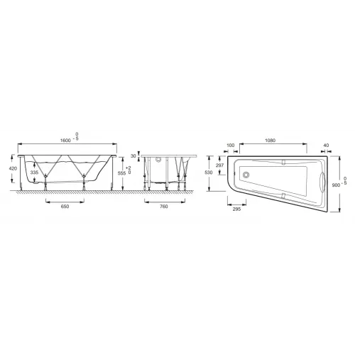 Акриловая ванна Odeon Up 160х90 см, правосторонняя, с каркасом, ручками и подголовником, асимметричная E60811-00 Jacob Delafon