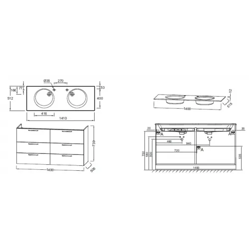 Модуль под раковину Odeon Rive Gauche 140х50,8х73,9 см, 6 ящиков, жасмин матовый, золотые ручки EB2536-R8-M56 Jacob Delafon