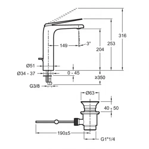 Высокий смеситель на столешницу Avid 20,4 см, полированный никель, неповоротный излив, никель, с донным клапаном E97347-BN Jacob Delafon