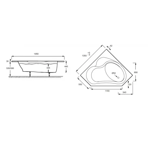 Акриловая ванна Bain-douche 135х135 см, правосторонняя, угловая симметричная E6219-00 Jacob Delafon