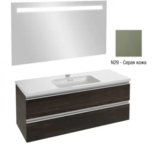 Комплект мебели для ванной Vox 120 см, серая кожа, 2 выдвижных ящика, подсветка, функция анти-пар, подвесной монтаж, с подсветкой EB1418-NF+EXAB112-Z-00+EB2021-RA-N29 Jacob Delafon