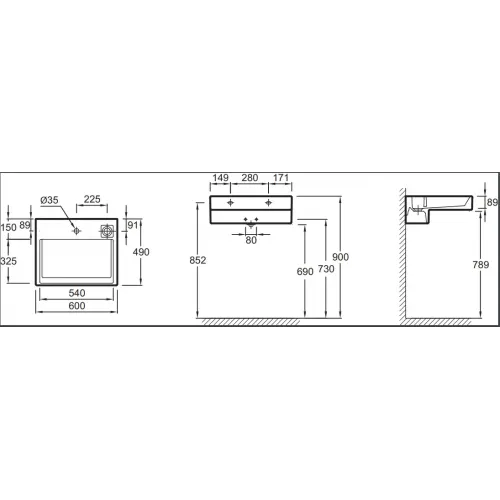 Подвесная раковина Terrace 60х49х8,9 см, c подсветкой. система слива freedrain, с отверстием для смесителя, санфарфор EXE9112-00 Jacob Delafon