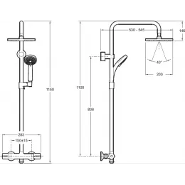 Душевая система без излива July 3 режима, 20 см, square, термостат, верхний душ, с лейкой E5523-CP Jacob Delafon
