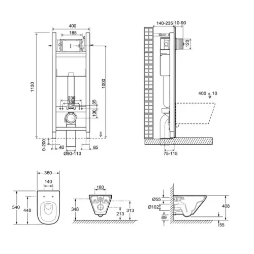Комплект унитаза с инсталляцией Modern Life глубина унитаза 54см, без клавиши в комплекте, с микролифтом, безободковый E21774RU-00 Jacob Delafon