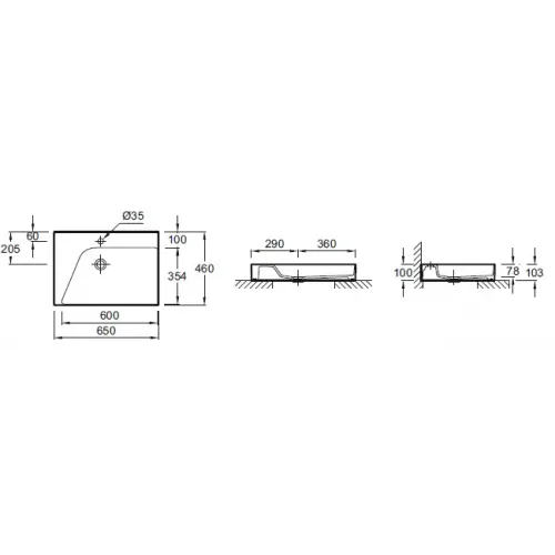 Подвесная раковина Rythmik pure 65х46х7,8 см, правосторонняя, 1 отверстие для смесителя, без переливного отверстия, санфарфор EVO112-00 Jacob Delafon