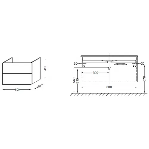 Модуль под раковину Vox 60х46х45,2 см, черное дерево, изогнутая ручка, 2 выдвижных ящика EB2080-R1-E15 Jacob Delafon