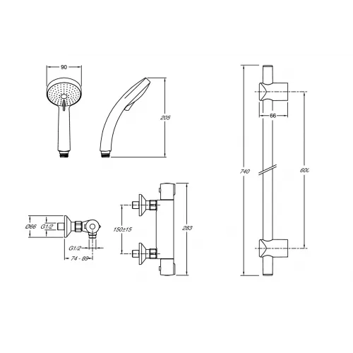 Настенный смеситель без излива July со штангой 60 см, термостат, с лейкой E5493-CP Jacob Delafon