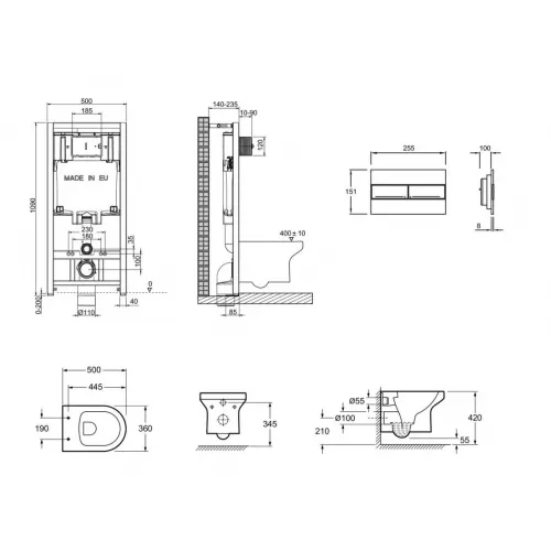 Комплект унитаза с инсталляцией Elite глубина унитаза 50см, клавиша хром глянец, с микролифтом, безободковый E21742RU-00 Jacob Delafon
