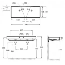 Подвесная раковина Formilia Rythmik 120х46х8,5 см, два отверстия для смесителя слева и справа, гладкая нижняя поверхность, санфарфор, двойная EXM112-Z-00 Jacob Delafon