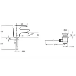 Смеситель для умывальника Kandel с ограничителем напора воды, неповоротный излив, без донного клапана E660RU-CP Jacob Delafon