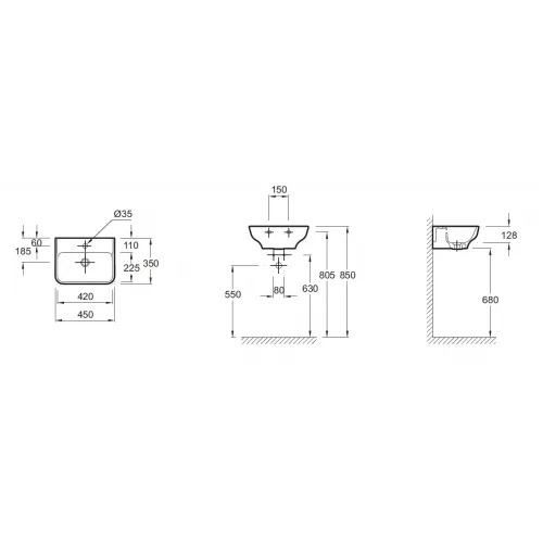 Подвесная раковина Struktura 45х35х12,8 см, 1 отв. под смеситель, с переливом, с гладкой нижней поверхностью, санфарфор EGH112-Z-00 Jacob Delafon