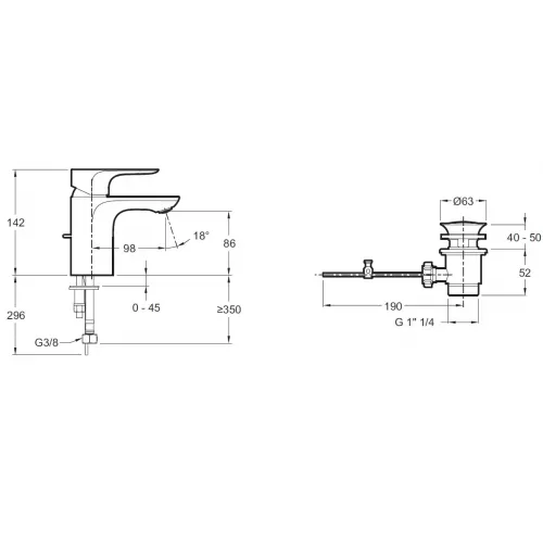 Смеситель для умывальника Aleo 5 л/мин, неповоротный излив, с донным клапаном E72275-4-CP Jacob Delafon