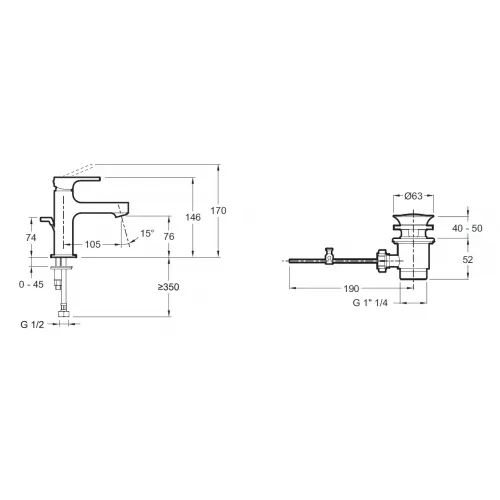 Смеситель для умывальника Strayt низкий, неповоротный излив, с донным клапаном E8776-CP Jacob Delafon