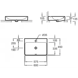 Накладная раковина Vox 60х45х13,5 см, с отверстием перелива в передней части, с заглушкой, санфарфор, с отв. под смеситель EVD112-00 Jacob Delafon