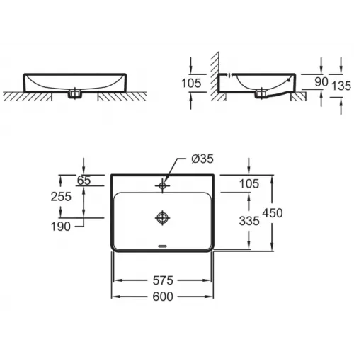 Накладная раковина Vox 60х45х13,5 см, с отверстием перелива в передней части, с заглушкой, санфарфор, с отв. под смеситель EVD112-00 Jacob Delafon