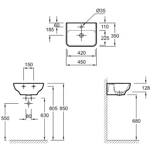 Подвесная раковина Struktura 45х35х12,8 см, с отверстием перелива, санфарфор EGH111-00 Jacob Delafon