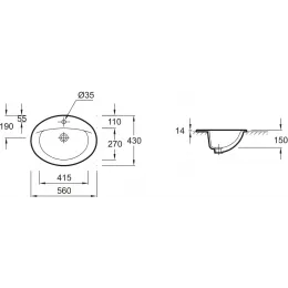 Накладная раковина Patio 56х43х15 см, без переливного отверстия, санфарфор, с отв. под смеситель E4155-X5-00 Jacob Delafon