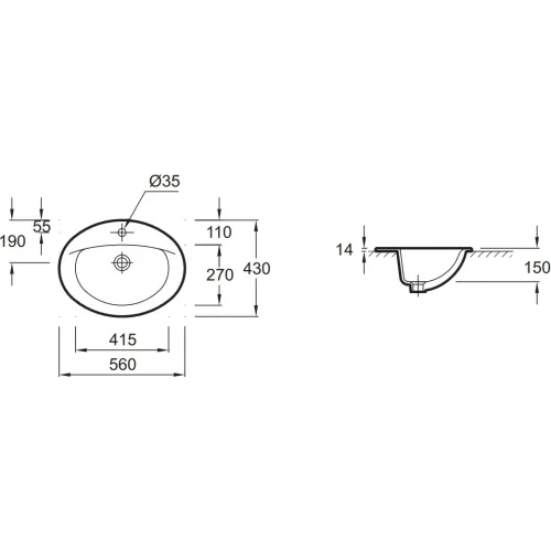 Накладная раковина Patio 56х43х15 см, без переливного отверстия, санфарфор, с отв. под смеситель E4155-X5-00 Jacob Delafon