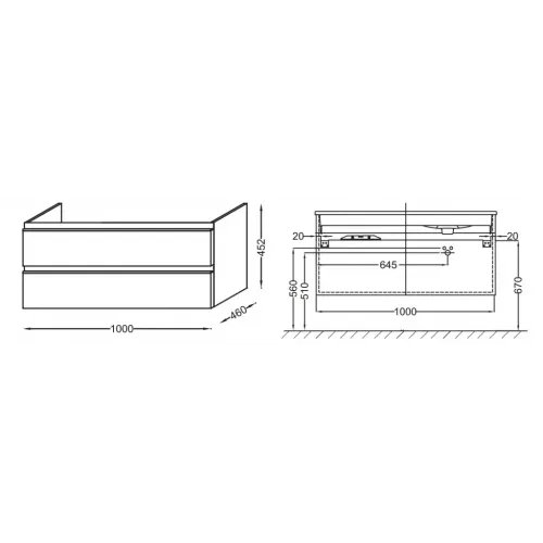 Модуль под раковину Vox 100х46х45,2 см, белый блестящий, 2 ящика, изогнутые ручки EB2075-R1-N18 Jacob Delafon