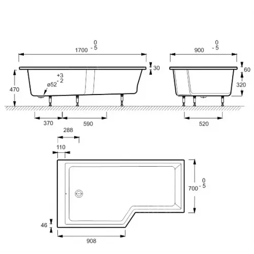 Акриловая ванна Bain-Douche Neo 170х90 см, правосторонняя, асимметричная E6D002R-00 Jacob Delafon