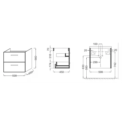 Комплект мебели для ванной Ola 61 см, подвесной, темный дуб, с 2 ящиками, подвесной монтаж EXS112-00+EB1080-RU+EB390-NR Jacob Delafon
