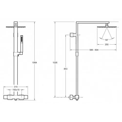 Душевая система без излива Strayt 2 режима, 25 см, square, термостат, верхний душ, с лейкой E98321-CP Jacob Delafon
