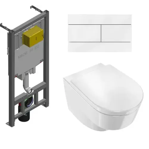 Комплект унитаза с инсталляцией Odeon Rive Gauche глубина унитаза 54см, клавиша белая, с микролифтом, безободковый OdeonE29025-NF+E4316-CP Jacob Delafon