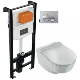 Комплект унитаза с инсталляцией Odeon Rive Gauche глубина унитаза 54см, клавиша хром глянец, с микролифтом, безободковый, быстросъемное E21745RU-00 Jacob Delafon