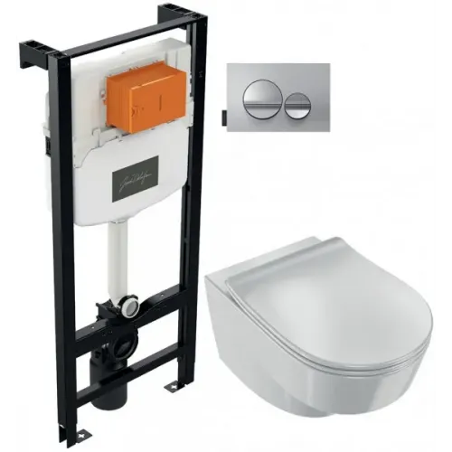 Комплект унитаза с инсталляцией Odeon Rive Gauche глубина унитаза 54см, клавиша хром глянец, с микролифтом, безободковый, быстросъемное E21745RU-00 Jacob Delafon