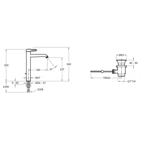 Высокий смеситель на столешницу Nouvelle Vague 32 см, матовый хром, неповоротный излив, с донным клапаном E78337-CAT Jacob Delafon