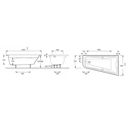 Акриловая ванна Odeon Up 160х90 см, правосторонняя, с ножками, асимметричная E6081-00 Jacob Delafon
