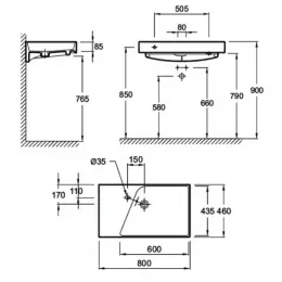 Подвесная раковина Formilia Rythmik 80х46х8,5 см, одно отверстие под смеситель, гладкая нижняя поверхность, санфарфор EXO112-Z-00 Jacob Delafon