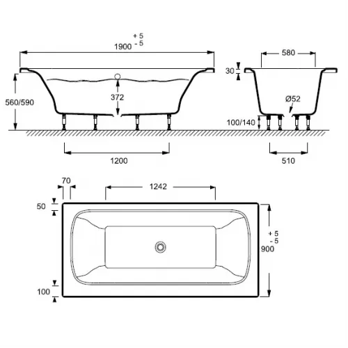 Ванна из материала Flight Elite 190х90 см, со специальным щелевидным отверстием перелива E6D033-00 Jacob Delafon