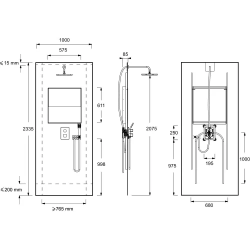 Душевой сет со стеновой панелью Ecrin 100х233,5 см, темный гранит, в угол, квадратная лейка, подсветка, термостат, верхний душ, с лейкой E803001-D39 Jacob Delafon